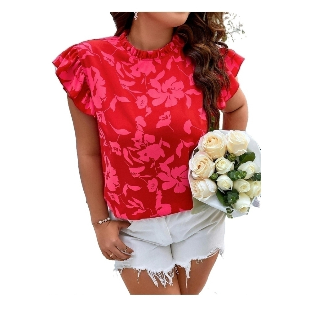Shein Curve Pink & Red Floral Top Ruffled Neck & Sleeve 4X